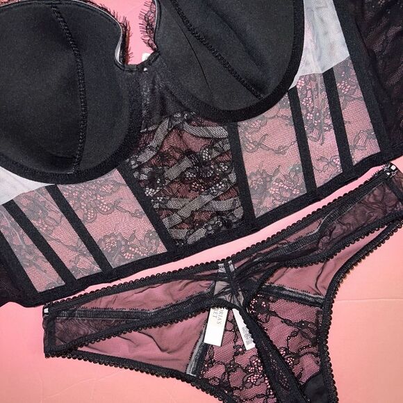Victoria's Secret 32DD,34DD S-DD,36DD M-DD,38D XL CORSET BRA SET BLACK lace Pink - Picture 3 of 4